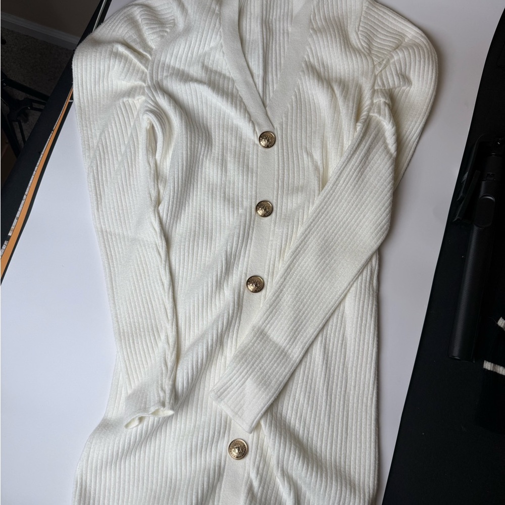 Elegant White Button-Up Cardigan Dress